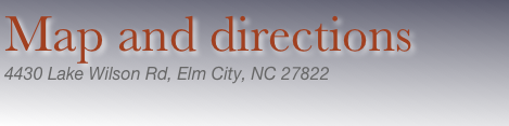 Map and directions
4430 Lake Wilson Rd, Elm City, NC 27822
